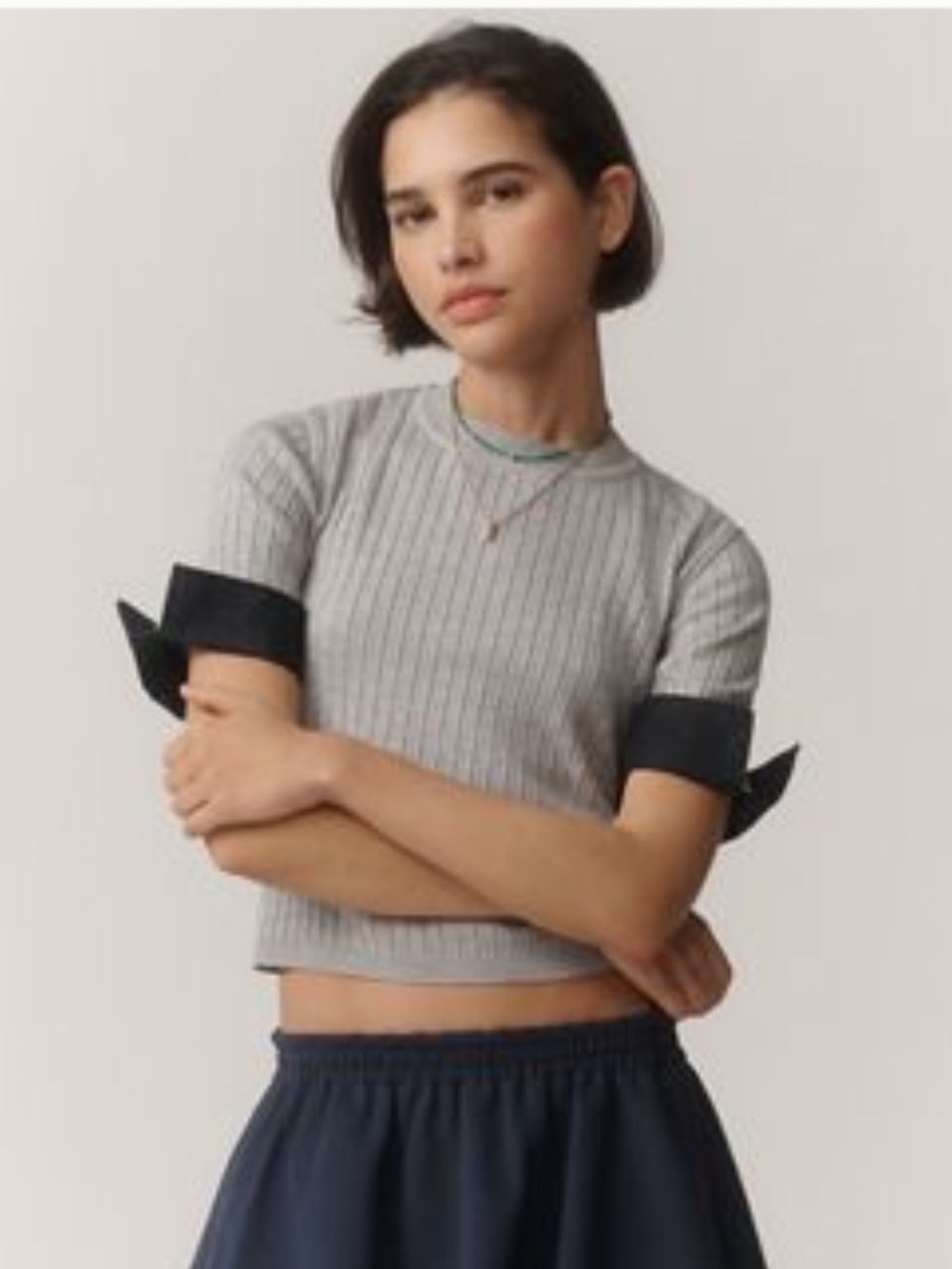 Maeve Gray Ribbed Short Sleeve Top with Black Cuff Detail - Picture 1 of 10